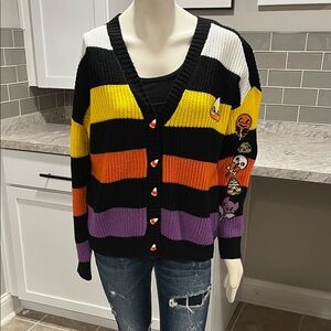 Halloween Stripe Patch Cardigan Sweater - Black, Yellow, Orange, Purple